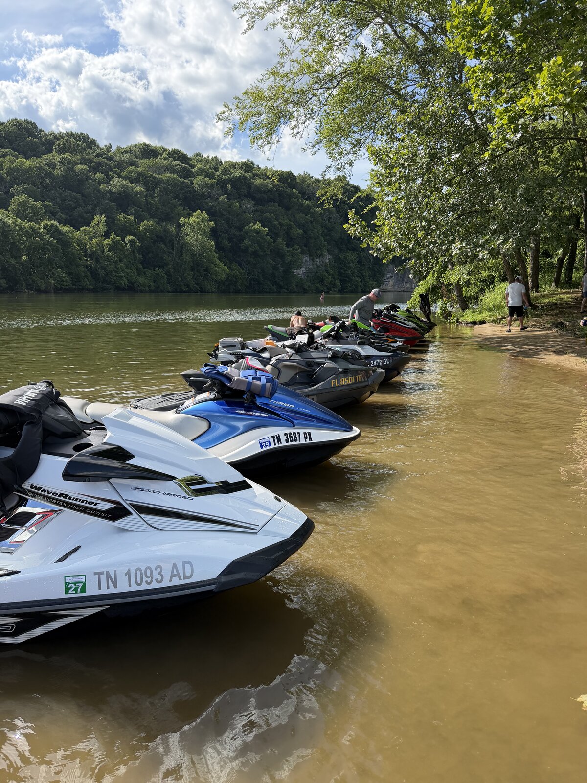 Lineup of Yamaha WaveRunner and Sea-Doo jet ski rentals beached at Shutes Branch on Old Hickory Lake